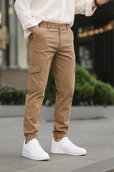 DAMGA JEANS Men's Elastic Leg Cargo Pocket Brown Trousers