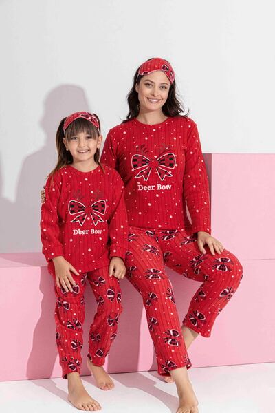 Mine style Polar Red Fleece Embroidered Patterned &lt;&gt; Reported Fleece Fabric Winter Warm Pajama Set