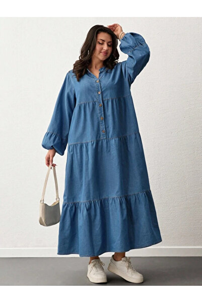 Genel Markalar Kadın Kot Elbise – Kat Kat Düğmeli, Mavi Renk, Rahat ve Şık Günlük Kullanım Elbise