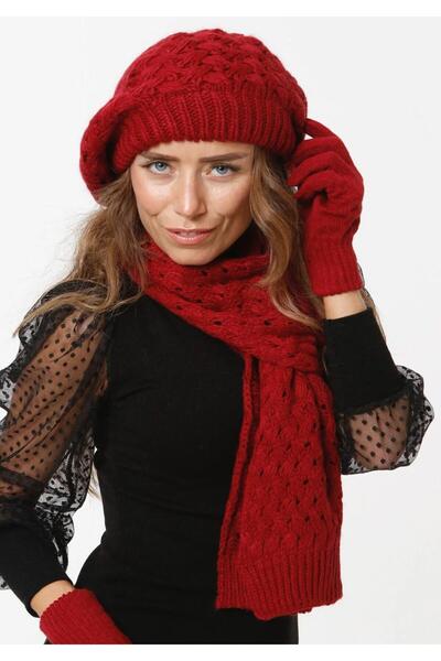 Wearflawless Burgundy Women's Winter 3-Piece Set Painter Model Scarf, Beret and Gloves Set