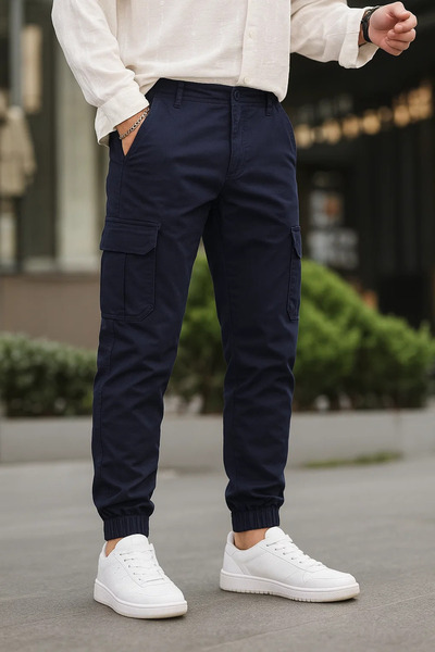 DAMGA JEANS Men's Elastic Leg Cargo Pocket Navy Blue Trousers