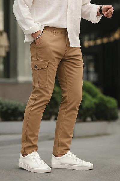 DAMGA JEANS Pantaloni cargo maro elastici pentru bărbați, cu buzunare