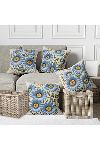 Alkan Homes غطاء وسادة مطبوع رقميًا بنمط زهور زرقاء، مكون من 4 قطع و2 قطعة