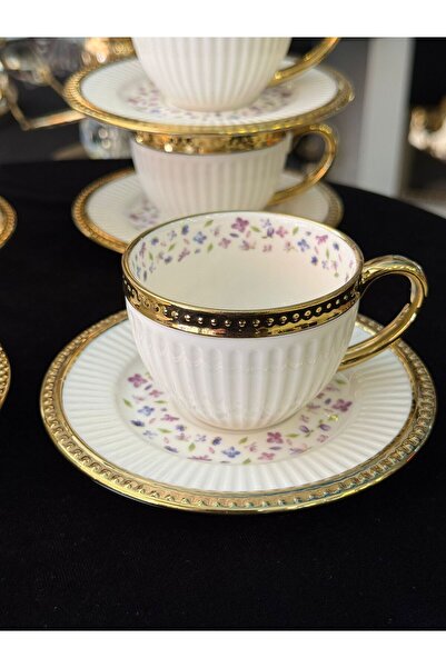 LOKMAN ZÜCCACİYE 6-Piece Porcelain Line Model Flower Motif Coffee Cup Set
