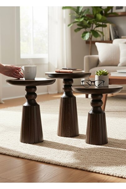 ASELYA HOME Doğal Ahşap 3’lü Set Mantar Yan Sehpa Modern Ceviz Renk Fiskos Zi...