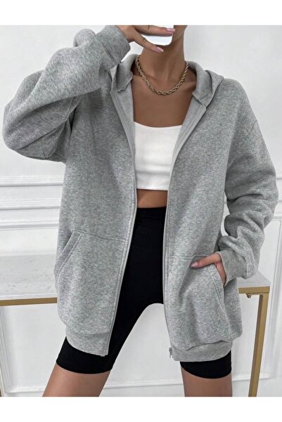 BYMEER Gray Zippered Oversize Sweatshirt Cardigan