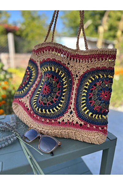 Patiska Tasarım Handmade Large Straw Knitted Beach Bag – Unlined Colorful Bohemian Shoulder Bag for Summer