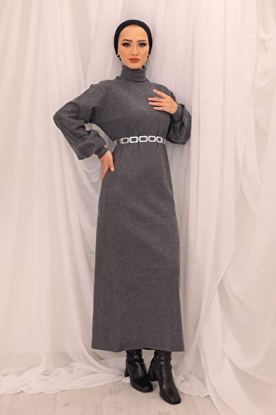 Vibeys Moda فستان تريكو بأكمام بالون وحزام قابل للتركيب