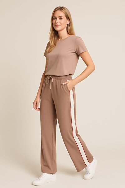 enmodaiçgiyim Bej Yüksek Bel Kalite Esnek Modal Pamuklu Kumaş Bol Paça Cepli Eşofman Altı - Günlük, Rahat Kalıp