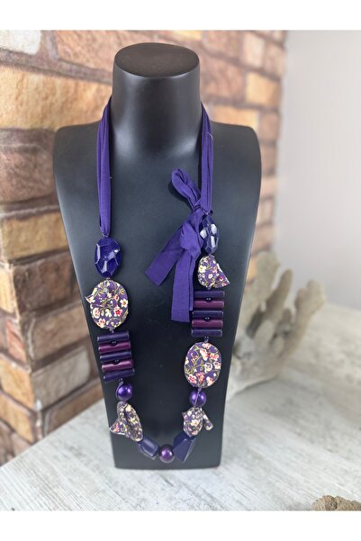 SEDEF TAKI Mor ahşap desenli uzun bohem kolye