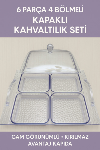 Mustran 6 Piece 4 Compartment Breakfast Set with Lid |   Unbreakable Acrylic Dowry Box with Glass Look