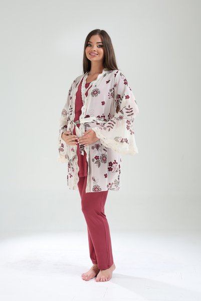 Lohusa Homewear طقم بيجامة نسائي منقوش باللون العنابي بتصميم خاص من الدانتيل للحوامل