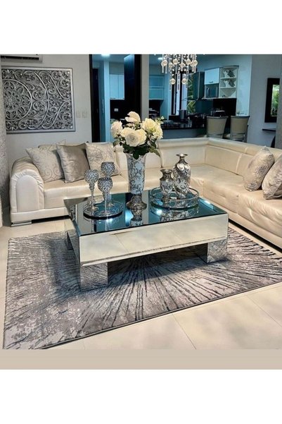 LUXURY VİLLA ORTA SEHPA KOMPLE GÜMÜŞ AYNALI ORTA SEHPA 90X90 YÜKSEKLİK 30CM