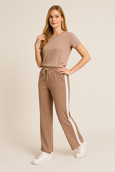 enmodaiçgiyim Bej Yüksek Bel Kalite Esnek Modal Pamuklu Kumaş Bol Paça Cepli Eşofman Altı - Günlük, Rahat Kalıp