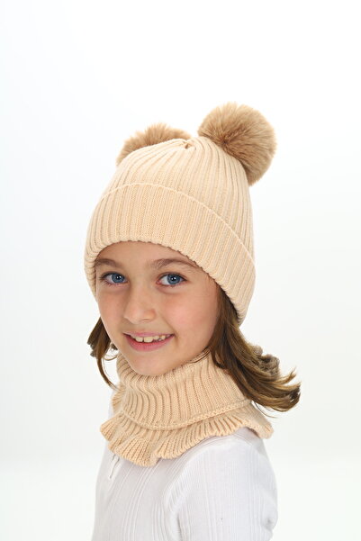 Sevimli Girl's Beret Neck Collar Suit with Double Pompom 4-10 Years Old