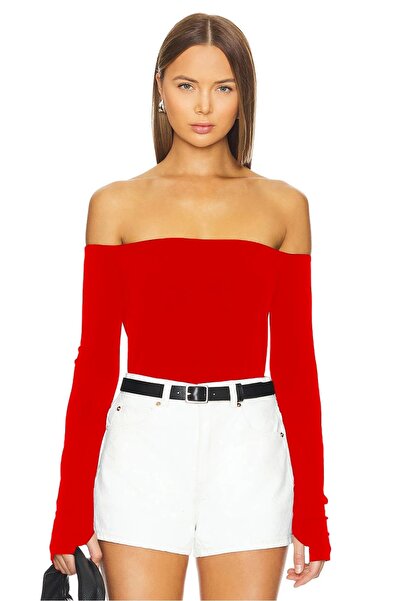 MetuCA Women's Red Madonna Collar Long Sleeve Finger-Loop Sandy Fabric Blouse