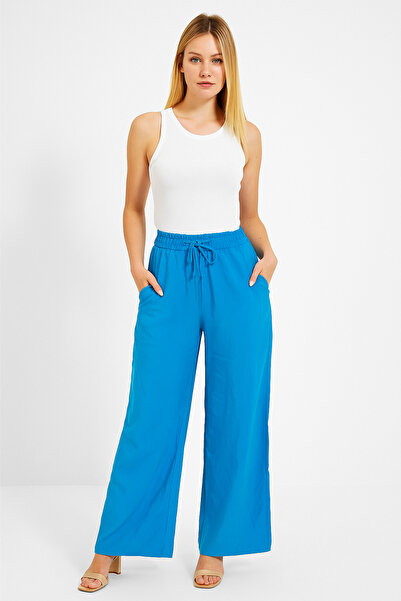 SheLoria Women's Blue Belted Elastic Waist Double Pocket Comfortable Cut Pala...