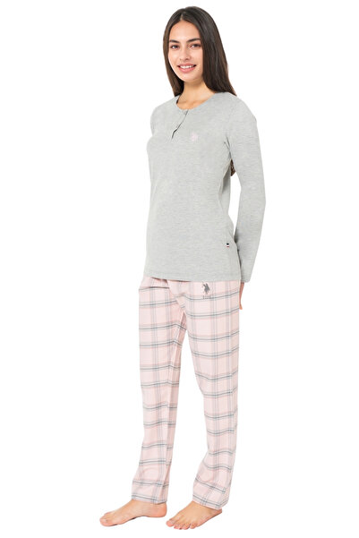 U.S. Polo Assn. Women's Plaid Patterned Long Sleeve Cotton Pajama Set - Gray Melange