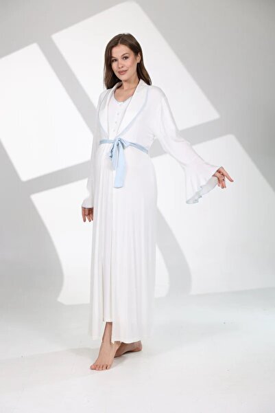 Lohusa Homewear Kadın Mavi Volanlı Şal Yaka Özel Tasarım Lohusa Hamile Sabahl...