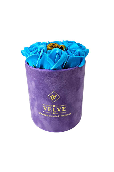 velve Aranjament floral Velvet, cu 9 trandafiri de sapun, in cutie mov de catifea, Albastru/Auriu