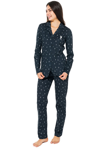 U.S. Polo Assn. Kadın Lacivert Uzun Kollu Düğmeli Yıldız Desenli Pijama Takımı