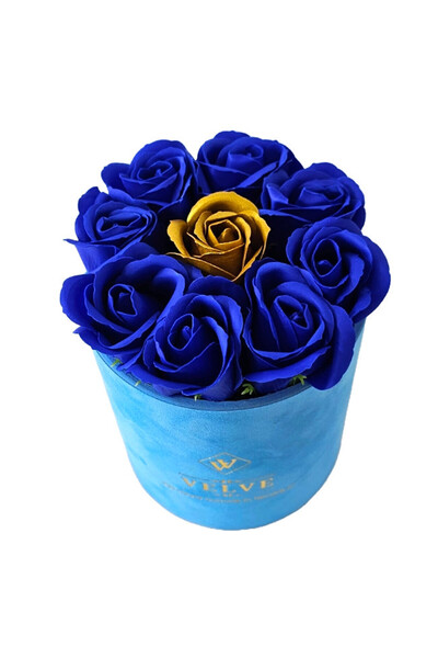 velve Aranjament floral Velvet, cu 9 trandafiri de sapun, in cutie albastra de catifea, Albastru /Auriu