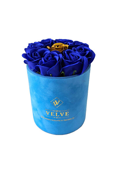 velve Aranjament floral Velvet, cu 9 trandafiri de sapun, in cutie albastra de catifea, Albastru /Auriu