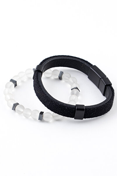 Sortie Aksesuar Genuine Leather and Hematite Natural Stone Men's Combination ...