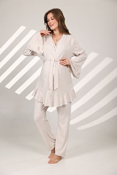 Lohusa Homewear Γυναικείο Σετ Πιτζάμες Εγκυμοσύνης Μπεζ Μελανζέ με Βολάν Ειδι...