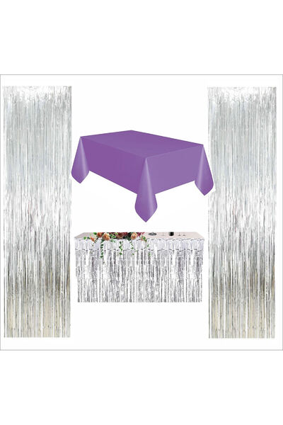 ZENVİVA مفرش طاولة أرجواني، تنورة طاولة فضية، 2 خلفية فضية