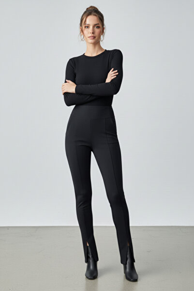 Lavenda Kadın Siyah Yüksek Bel Fitilli Tayt Pantolon - Önü Yırtmaçlı Esnek Kumaş Cepsiz Pantolon