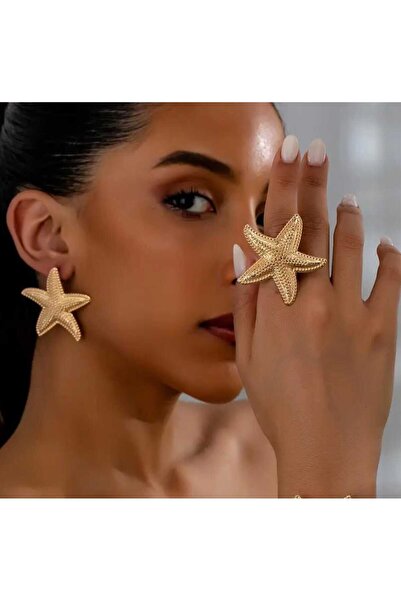 beyna aksesuar Gold Plated Star Earrings Ring Set Gift Set Gift for Lover Gift for Mother
