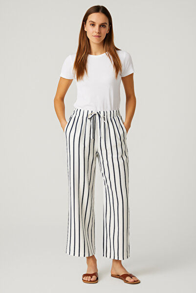SheLoria Women's White Black Striped Belted Elastic Waist Double Pocket Comfo...