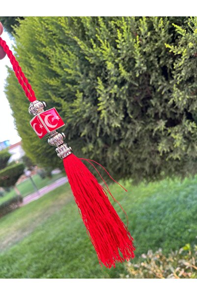 CEBECİOTO زخرفة مرآة الرؤية الخلفية بتصميم العلم الأحمر مع شراشيب - زخرفة مرآ...