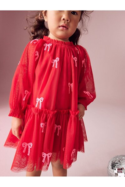 Next Baby Red Bow Sequined Mesh Party Dress