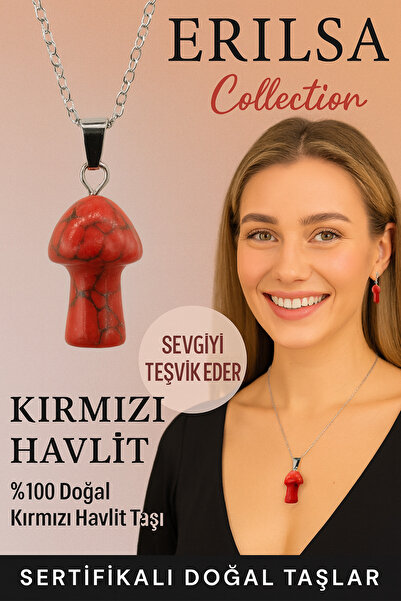 Erilsa Sertifikalı Mantar Model Kırmızı Havlit Taşı Kolye - Şifa ve Enerji Veren Doğal Kolye