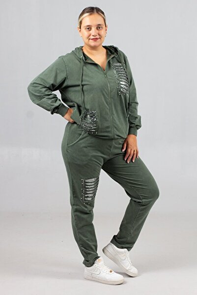Truva XXL Plus Size Ripped Detail 95% Cotton 5% Lycra Green Hooded Tracksuit Set