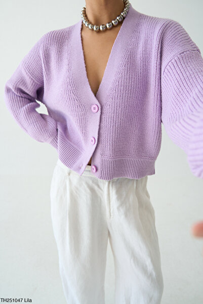 LOOSH Kadın Lila V Yaka Üç Düğmeli Basic Hırka