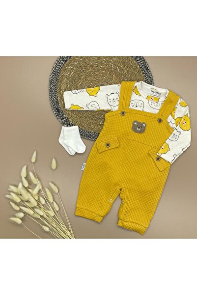 Amur Teddy Bear Patterned Badi Bear Embroidered Green Salopet and Socks Set Cotton