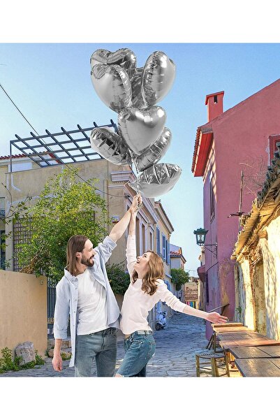 Go İthalat Metalized Shiny Silver Heart Shaped Flying Balloon Foil 18 Inch 45 cm 10 Pieces (5273)