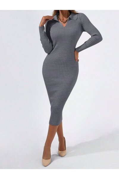 Modayakamoz New Season Women's Long Sleeve Collared Knitwear Dress