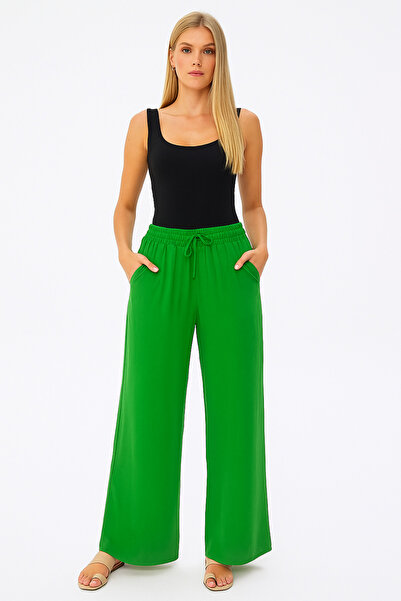 SheLoria بنطلون نسائي أخضر بحزام مطاطي عند الخصر، جيبان، قصة مريحة، بنطلون با...