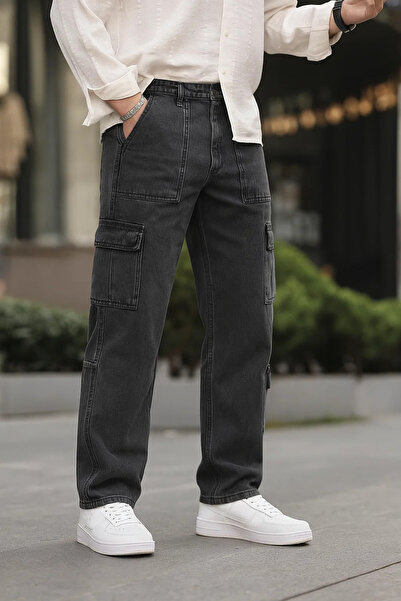 DAMGA JEANS Men's Wide Leg Cargo Pocket Smoked Jeans