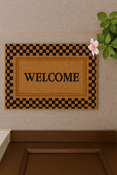 Dormot Koko Textured Door Mat - Square Patterned with Welcome Written, Non-Slip Base, 45X70 cm