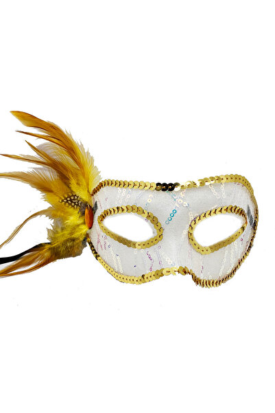 Go İthalat Gold Color Side Feathered Sequin Embroidered Party Mask 23X12 cm (5273)
