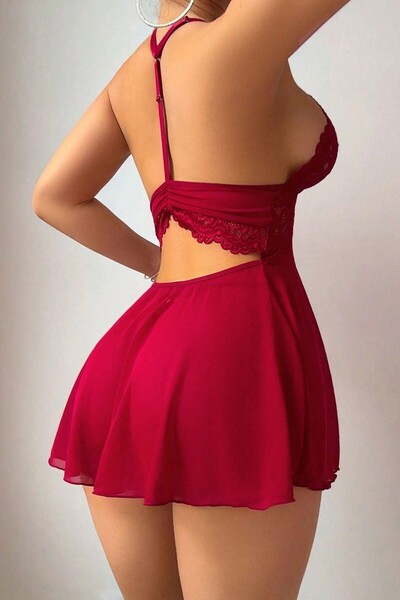 777 MIRACOLO Burgundy A-Line Lace Detailed Mini Tanga Nightgown