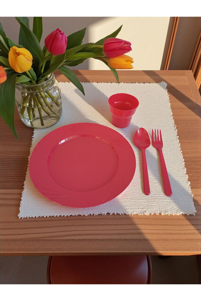 Pointpack Fuşya Kaliteli Sert Plastik Tabak Kaşık Çatal Bardak Seti 6 Kişilik