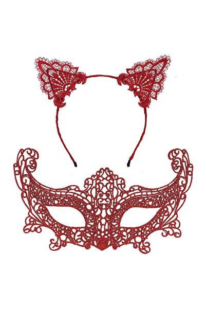 Go İthalat Romantic Red Lace Mask Set – Crown and Mask with Cat Ears No. 3 (5273)