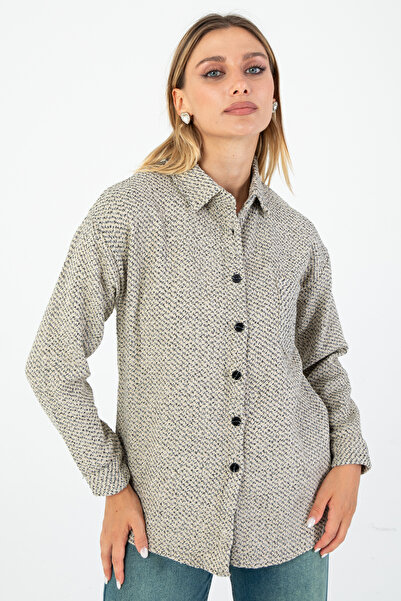 Nuevo Bej-Melanj Kadın Gömlek Astarsız – Uzun Kollu, Rahat Kalıp, Günlük ve Ş...