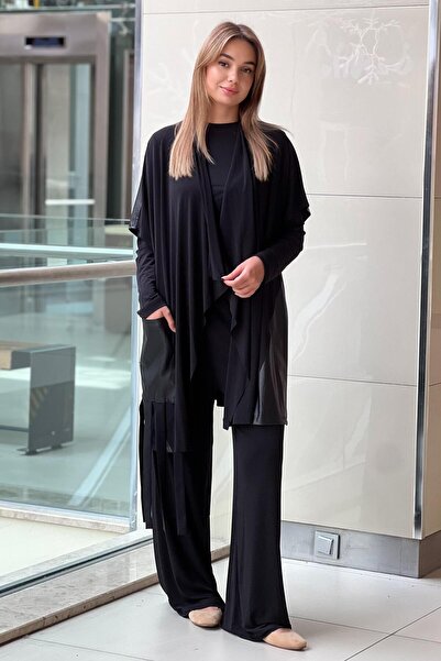 Nurcan Çetin Leather Patterned Pocketed Fringe Detailed Cap Trousers Triple Taım